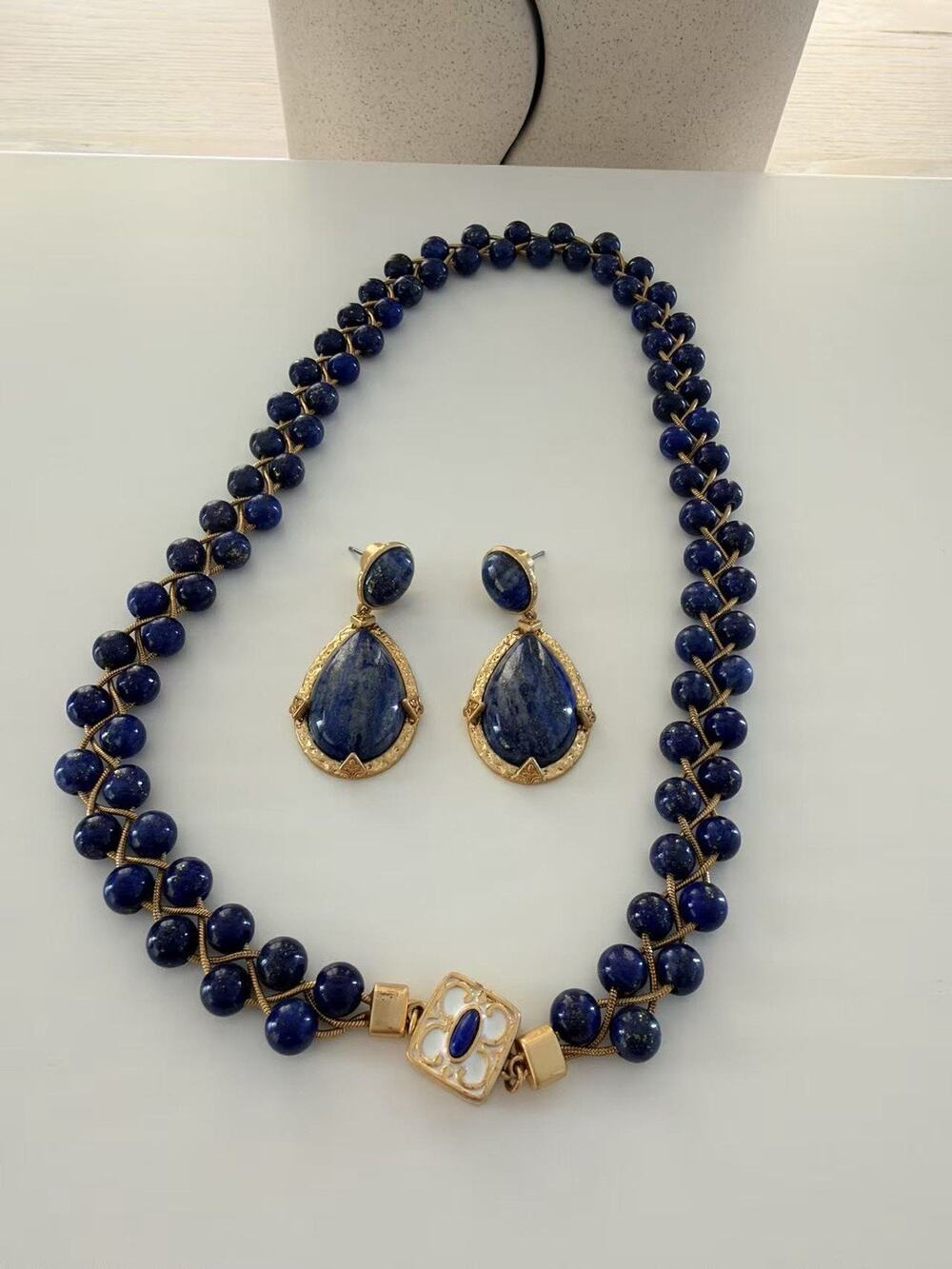Met MMA Filigree Baldric Lapis Braided Necklace & Drop Earrings Set Gold Plate
